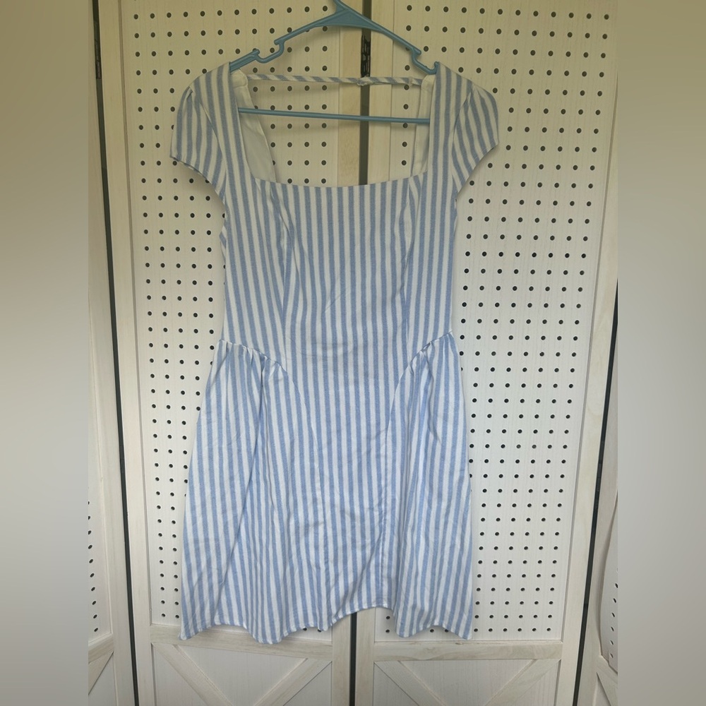 Blue and White Striped Square Neck Dress